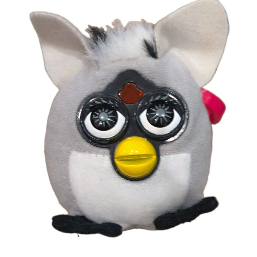 Tiger Furby Plush Keychain Clip-On Gray/White Pink Clip 1999 McDonald's